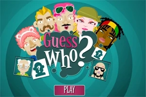 Ilustrácia rôznych kreslených postáv obklopujúcich nápis Guess Who?