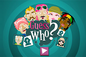 Karikatúrne tváre rôznych postáv s nápisom Guess Who?