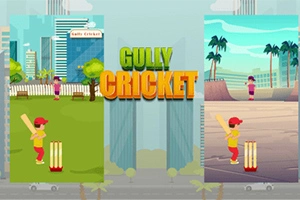 Farebná ilustrácia s dvoma scénami: dieťa s kriketovou pálkou pred trojicou bránok v mestskom a plážovom prostredí, s nápisom Gully Cricket uprostred