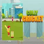 Farebná ilustrácia s dvoma scénami: dieťa s kriketovou pálkou pred trojicou bránok v mestskom a plážovom prostredí, s nápisom Gully Cricket uprostred