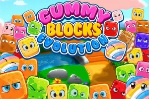 Farebné bloky s tvárami obklopujú nápis Gummy Blocks Evolution na pozadí prírody