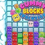 Farebné bloky s tvárami obklopujú nápis Gummy Blocks Evolution na pozadí prírody