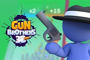 Modrá postavička s klobúkom drží pištoľ, vedľa je farebný nápis Gun Brothers 3D