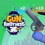 Modrá postavička s klobúkom drží pištoľ, vedľa je farebný nápis Gun Brothers 3D