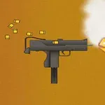Ilustrácia tmavého samopalu strieľajúceho s plameňom a dymom sprevádzaným lietajúcimi nábojmi na oranžovom pozadí