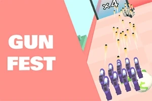 Osem fialových zbraní vystreľuje projektily smerom k cieľu na ružovom pozadí s textom Gun Fest
