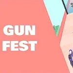 Osem fialových zbraní vystreľuje projektily smerom k cieľu na ružovom pozadí s textom Gun Fest