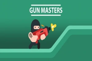 Postavička v čiernom oblečení so zbraňou v rukách na zelenom pozadí s nápisom Gun Masters
