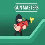 Postavička v čiernom oblečení so zbraňou v rukách na zelenom pozadí s nápisom Gun Masters