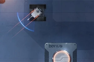 Robot strieľajúci laserové lúče s nápisom bonus na podlahe