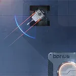 Robot strieľajúci laserové lúče s nápisom bonus na podlahe