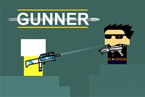 Dvaja postavičky so zbraňami mieriace na seba na jednoduchom zelenom pozadí s nápisom GUNNER hore