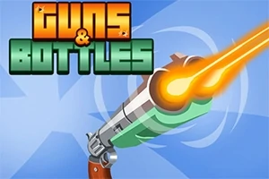 Názov Guns & Bottles s ilustráciou kreslenej pištole vystreľujúcej oranžovú strelu na modrom pozadí