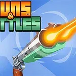 Názov Guns & Bottles s ilustráciou kreslenej pištole vystreľujúcej oranžovú strelu na modrom pozadí