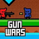 Dve pixelové postavičky, červená s puškou a modrá, stojace oproti sebe na zelenej pôde s nápisom Gun Wars pod nimi