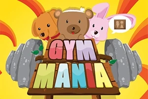 Roztomilé zvieratká, ako pes, medveď a zajac, sú pred nápisom GYM MANIA s činkou v pozadí na žiarivo farebnom pozadí