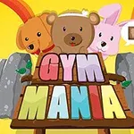 Roztomilé zvieratká, ako pes, medveď a zajac, sú pred nápisom GYM MANIA s činkou v pozadí na žiarivo farebnom pozadí