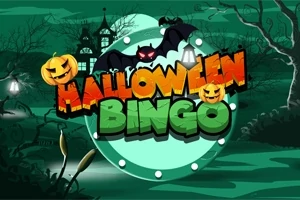 Strašidelná scenéria s nápisom Halloween Bingo obklopeným netopiermi a tekvicami