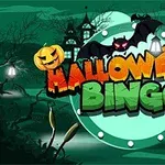 Strašidelná scenéria s nápisom Halloween Bingo obklopeným netopiermi a tekvicami