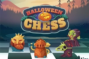 Nadpis Halloween Chess s obrázkami šachových figúr v podobe strašidelných postáv na šachovnici