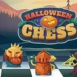 Nadpis Halloween Chess s obrázkami šachových figúr v podobe strašidelných postáv na šachovnici