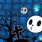 Strašidelná scéna s roztomilými duchmi, náhrobnými kameňmi, pavučinou a kostrovým stromom na modrom pozadí