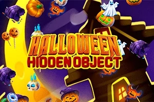 Nápis Halloween Hidden Object na žltom pozadí mesiaca s tekvicami a duchmi okolo