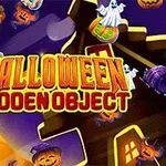 Nápis Halloween Hidden Object na žltom pozadí mesiaca s tekvicami a duchmi okolo