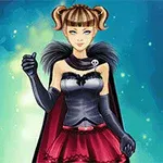Postava v čiernom a červenom oblečení s krídlami a blond účesom na modrom pozadí