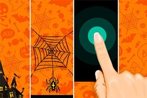 Pavúk visiaci na pavučine vedľa prsta dotýkajúceho sa obrazovky s cyklami na oranžovom pozadí s halloweenskými motívmi