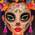 Maľovaná tvár ženy v štýle Día de los Muertos s farebnými kvetmi vo vlasoch a výrazným make-upom na modrom pozadí