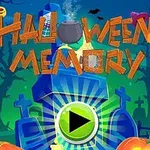 Náhrobný kameň obklopený tekvicami na pozadí s nápisom Halloween Memory a zeleným tlačidlom na prehrávanie