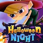 Kreslená postava na metle lietajúca pred úplňkom s nápisom Halloween Night a vyrezávanými tekvicami v pozadí