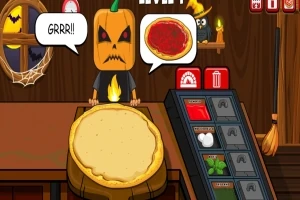 Muž s tekvicou namiesto hlavy stojí pri stole s pizzou a má bublinu s výrazom GRRR!