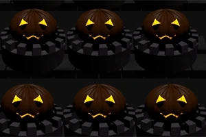 Šesť halloweenskych tekvíc s vyrezanými tvárami a žiarivými očami usporiadaných v dvoch radoch