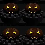Šesť halloweenskych tekvíc s vyrezanými tvárami a žiarivými očami usporiadaných v dvoch radoch