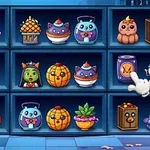 Poličky plné farebných, kreslených halloweenskych dekorácií s motívmi mačiek, tekvíc a kostier, umiestnených v tmavej miestnosti