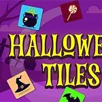 Fialové pozadie s textom HALLOWEEN TILES obklopené obrázkami čarodejníckeho kotlíka, lízatka, ducha, čarodejnického klobúka, tekvice a netopiera