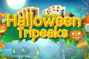 Text Halloween Tripeaks na pozadí s halloweenskymi prvkami ako tekvice a karty