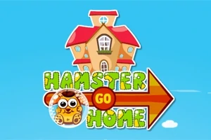 Kreslený dom s červenou strechou na modrom pozadí s nápisom „Hamster Go Home“ a obrázkom škrečka v bublinke