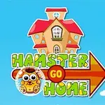 Kreslený dom s červenou strechou na modrom pozadí s nápisom „Hamster Go Home“ a obrázkom škrečka v bublinke