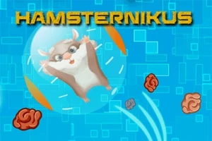 Kreslený škrečok v plastovej guli na modrom pozadí s názvom HAMSTERNIKUS v hornej časti