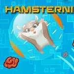 Kreslený škrečok v plastovej guli na modrom pozadí s názvom HAMSTERNIKUS v hornej časti