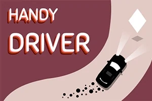 Ilustrácia čierneho auta so svetlami na ceste s kľukatými stopami a textom Handy Driver