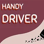 Ilustrácia čierneho auta so svetlami na ceste s kľukatými stopami a textom Handy Driver