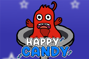 Červená kreslená postavička s vypleštenými očami v strede obrázka na modrom pozadí s hviezdičkami a nápisom Happy Candy dole