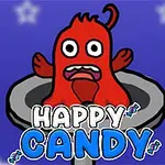 Červená kreslená postavička s vypleštenými očami v strede obrázka na modrom pozadí s hviezdičkami a nápisom Happy Candy dole