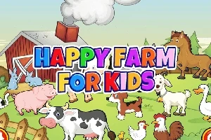 Farebný nápis Happy Farm for Kids obklopený rôznymi kreslenými hospodárskymi zvieratami na farme