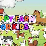 Farebný nápis Happy Farm for Kids obklopený rôznymi kreslenými hospodárskymi zvieratami na farme