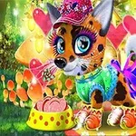 Farebná ilustrácia rozprávkového zvieratka v klobúku a oblečení s výraznými očami, stojace vedľa misky na jedlo, v pozadí farebné huby a srdcia